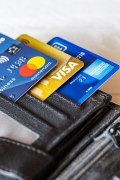 Credit cards from VISA, Mastercard and American Express in a wallet in Stuttgart, Germany