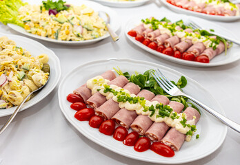  salad, restaurant, photos, carrots, close-up blurry background, catering, hotel, hotel food and kitchen, tomatoes, ham, roulades