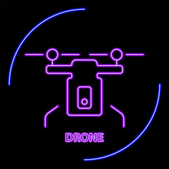 drone neon sign, modern glowing banner design, colorful modern design trend on black background. Vector illustration.