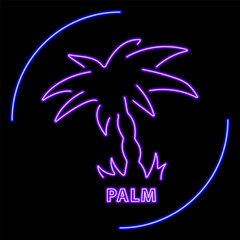 palm tree neon sign, modern glowing banner design, colorful modern design trend on black background. Vector illustration.