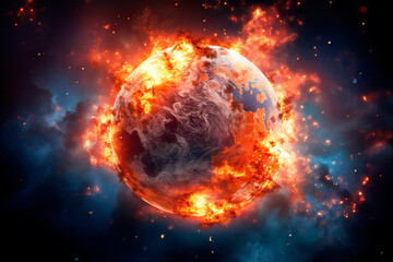 Burning and exploding planet Earth. The concept of global disaster and warming. 