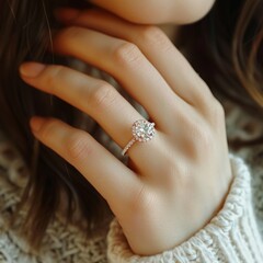 Woman sporting diamond ring on left hand as preengagement or wedding jewelry