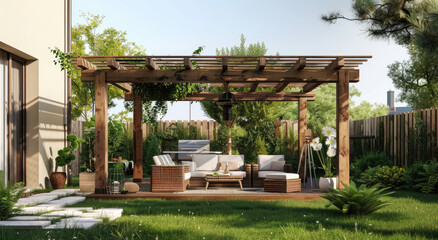 A modern wooden pergola with chairs and sofas under it, located in the garden of an apartment surrounded by greenery, grass, plants and trees.