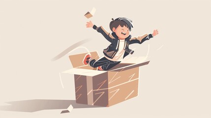 Funky illustration of little white black pattern school boy jumping inside out of large package box futurism mail transportation concept 