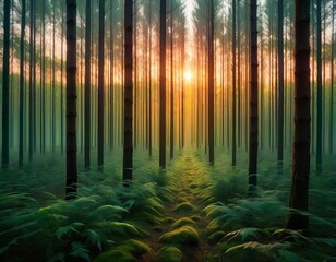 A serene sunrise filters through a dense bamboo forest, casting a warm glow over the soft undergrowth in a peaceful natural setting.. AI Generation
