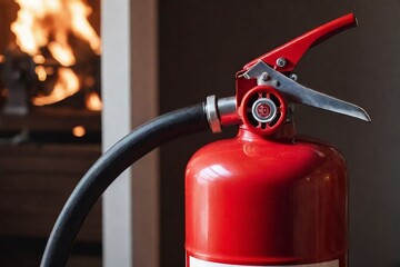 Naklejka premium Close-up of a fire extinguisher in the house with a fire burning in the background. Fire safety concept
