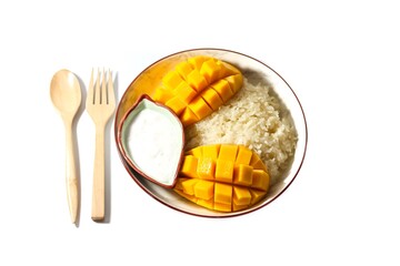 Top view of mango sticky rice put on white background with dessert Thailand and isolated concept