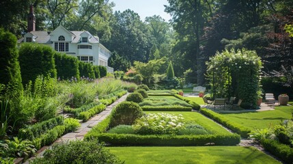 Design a garden with a mix of formal and informal planting beds for visual interest. --ar 16:9 Job ID: 487b805a-7103-4739-985c-16dba9bb083f