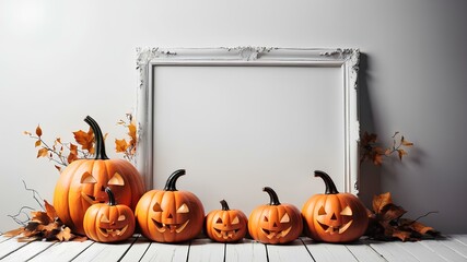 Halloween autumn theme pumpkins with solid white background free space for commercials text and media. free blank space
