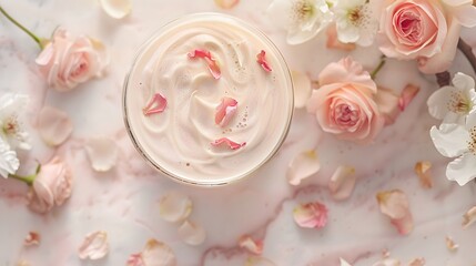 enchantment of a creamy almond rose milk, delicate petals dancing amidst creamy swirls, a sip of floral bliss