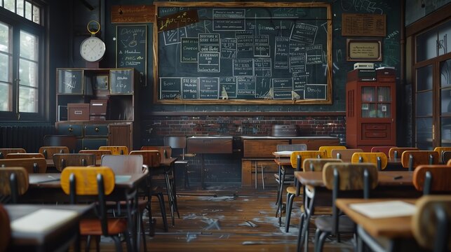 An abandoned classroom with old wooden chairs and desks. The blackboard is filled with scribbles and drawings. The room is dusty and the light is coming in through the windows.