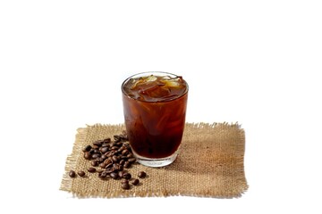 Photo of Americano ice coffee and coffee beans on white background with isolated concept.