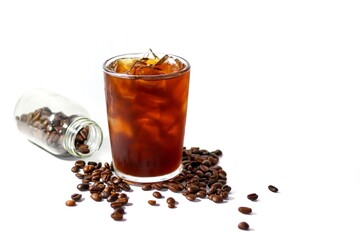 Americano ice coffee and coffee beans with isolated photo style.