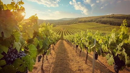 A sun-drenched vineyard overlooking rolling hills, with rows of lush grapevines heavy with ripening...