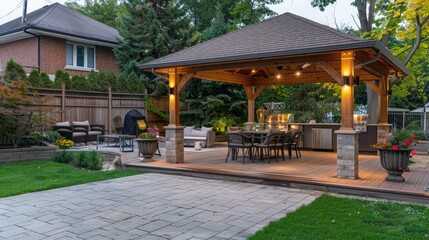 Design a multi-functional space by incorporating a dining area, lounge area, and outdoor kitchen within the gazebo. --ar 16:9 Job ID: 50ffb70d-f23f-4ca9-a7f3-978fd0f6da07