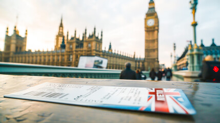 Obraz premium Boarding pass to London with Big Ben tower landmark on the background, Westminster, United Kingdom
