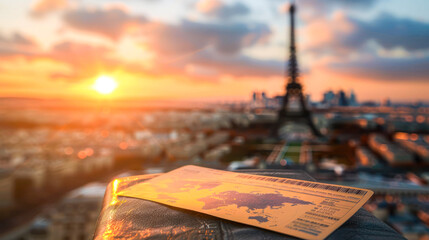Boarding pass to Paris with Eiffel tower landmark on the background at sunset, France