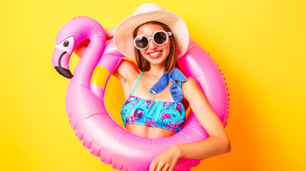 Happy Woman Holding Pink Flamingo Inflatable.