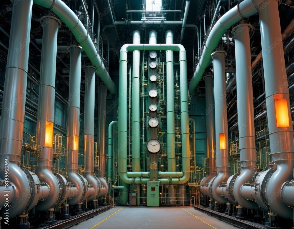 Poster green pipelines run across a facility with dials and valves in an industrial setting.. ai generation