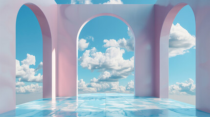 Big white clouds and bright colorful arch in the blue sky