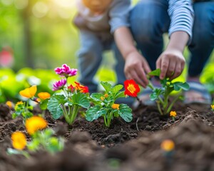 A little girl is planting flowers in the garden. She is very excited about seeing them grow.