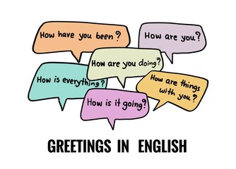 Hand drawn picture of colorful speech bubbles Greetings in English. Hand written font. Illustration for education. Concept, English communication in daily life teaching. Education. Teaching aid. 