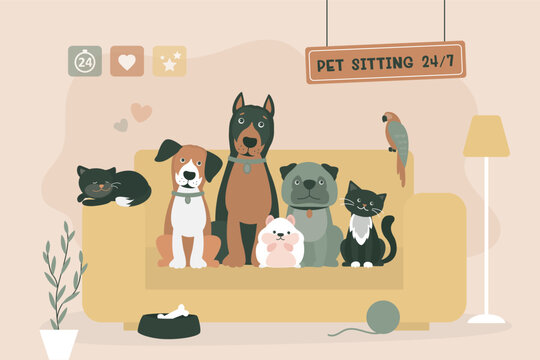 Pet sitting services. Various pets sitting on sofa at home. Overnight house sitter. Domestic animal daycare. Adorable cats, dogs, bird and hamster - Powered by Adobe