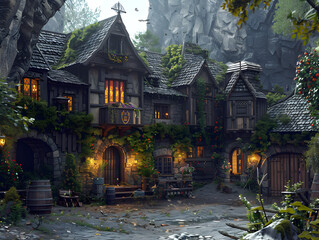 Obraz premium Charming Medieval Village Nestled Against Rocky Cliff with Quaint Stone and Wooden Houses, Warm Lantern Glow, and Rustic Enchanted Ambiance Serene, Fairytale-like Early Evening Scene