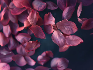 Close-Up of Purple and Pink Flower Petals with Water Droplets Against Dark Blurred Background Dramatic Contrast, Velvety Texture, Luminescent Quality, Tranquil Botanical Serenity - Powered by Adobe