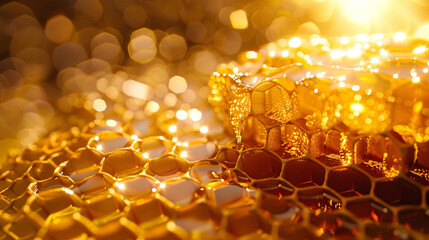 A photorealistic image of a honeycomb overflowing with golden honey, sunlight streaming through the hexagonal cells.