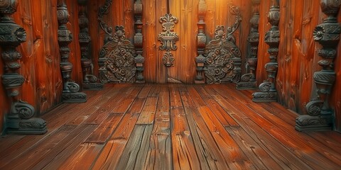 Room With Wooden Floors and Carvings on Walls. Generative AI