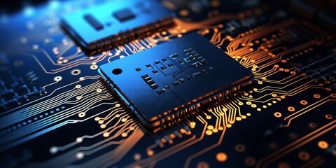 Microchips and computer boards. Chip for implementation in new technologies. Concept: computer programs and virtual processes.
