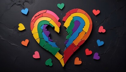 top view rainbow broken heart on dark background , banner, wallpaper LGBT support, symbolizes love illustration created with generative ai