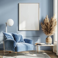 Blue armchair and Pampas grass in vase near the window in living room interior with blue walls, frame mockup, 3d render, interior background