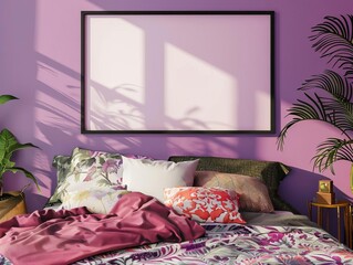 Pink bedroom interior with houseplants and a large empty frame on the wall, frame mockup, 3d render, interior background
