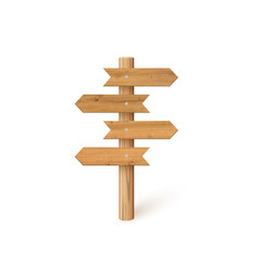 3d wooden signboard vector illustration. Realistic wood sign post. Blank arrow with wood texture, plywood road pointer. City guidance