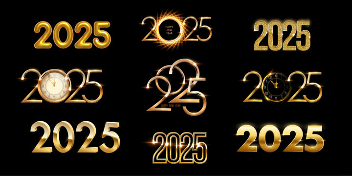 Set of 2025 New Year gold numbers for greeting cards, banners or posters vector illustration. Different 2025 golden numbers templates with glow light effect, clocks and shining ring isolated on black