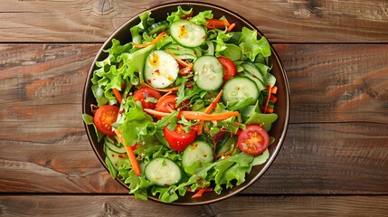 A vibrant salad bowl filled with fresh vegetables, including lettuce, tomatoes, cucumbers, and carrots, topped with a light vinaigrette dressing, photographed from above on a wooden table
