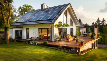 A modern, eco-friendly house with solar panels on the roof, located in a serene suburban area. The house has a clean, minimalist design with large windows and a spacious wooden deck