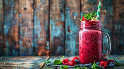 A colorful smoothie made with berries, banana, and spinach, served in a mason jar with a striped straw, set against a rustic wooden background