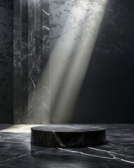 3D rendering of a black marble podium with a spotlight. The podium is located in a dark room with marble walls.