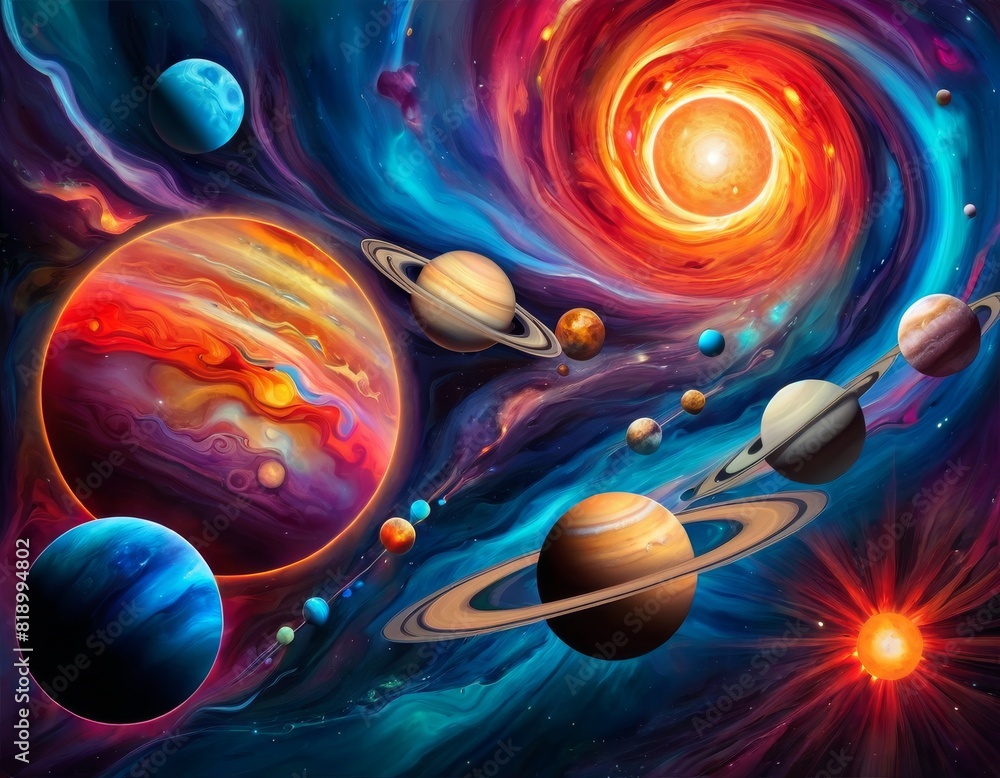 Poster a vivid portrayal of a solar system with swirling galaxies, luminous stars, and colorful planets in 