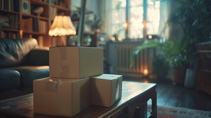 A stack of three cardboard boxes sits on a wooden table in a cozy living room. The warm light from a lamp and the soft glow of candles create a relaxing atmosphere.