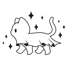 Line art ghost cat with sparkles, cute Halloween kitten vector art