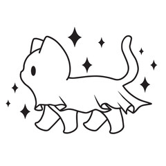 Line art ghost cat with sparkles, cute Halloween kitten vector art