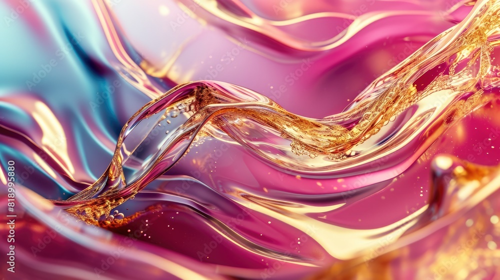 Poster the abstract picture of the colourful liquid that has been mixing with gold and pink colour and form