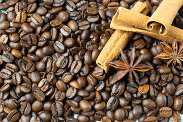 coffee beans and cinnamon sticks