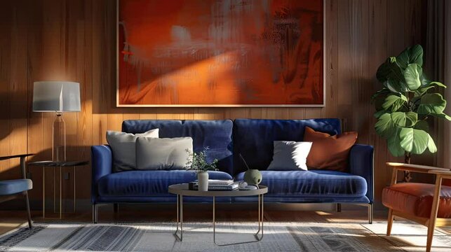 Dark blue sofa and recliner chair in scandinavian apartment. Interior design of modern living room, Seamless looping time-lapse virtual 4k video animation background