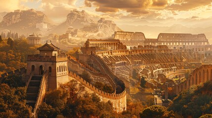 Artistic blend of the Great Wall of China and Roman Colosseum, showcasing historical wonders