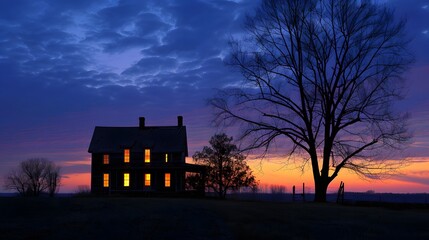 magic of twilight as a farmhouse is silhouetted against the deepening hues of the evening sky, its windows glowing warmly from within.
